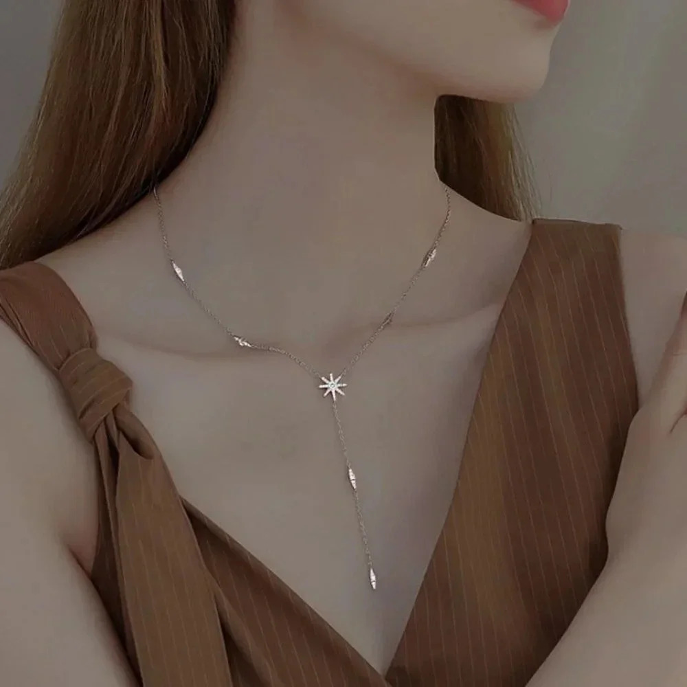 925 Sterling Silver Diamond Star Dangle Drop Lariat Dainty Minimalist Necklace